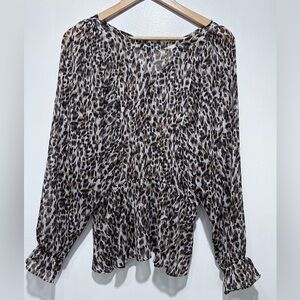 Banana Republic See Trough Long Sleeve Leopard Print Bow Back Blouse Top Size‎ S